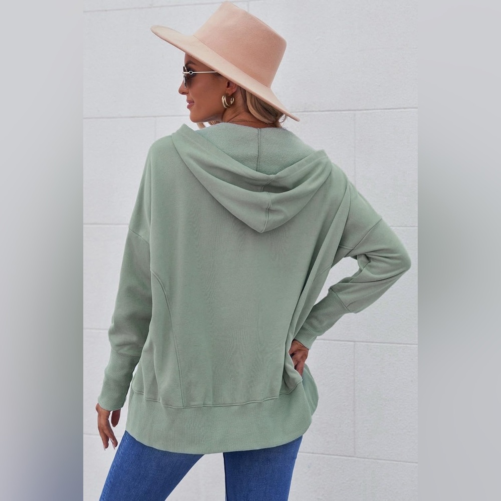 Oversized Hooded Sweatshirt Batwing Sleeve Pocketed Henley Hoodie - Picture 3 of 5